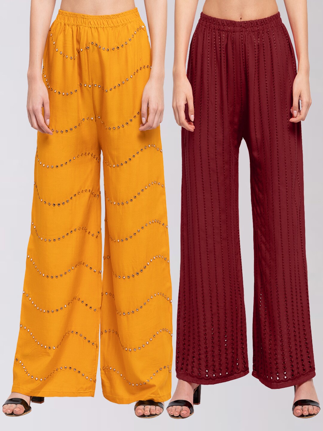 

KLOTTHE Women Pack Of 2 Yellow Embellished Wide Leg Palazzos