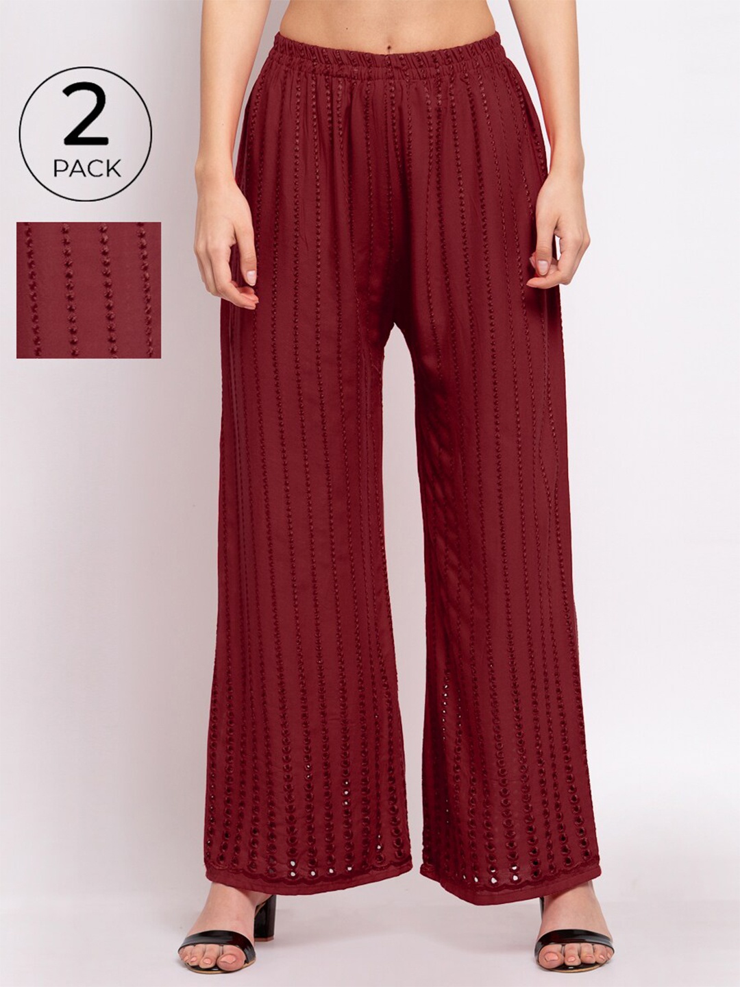 

KLOTTHE Women Pack Of 2 Maroon Embroidered Wide Leg Palazzos