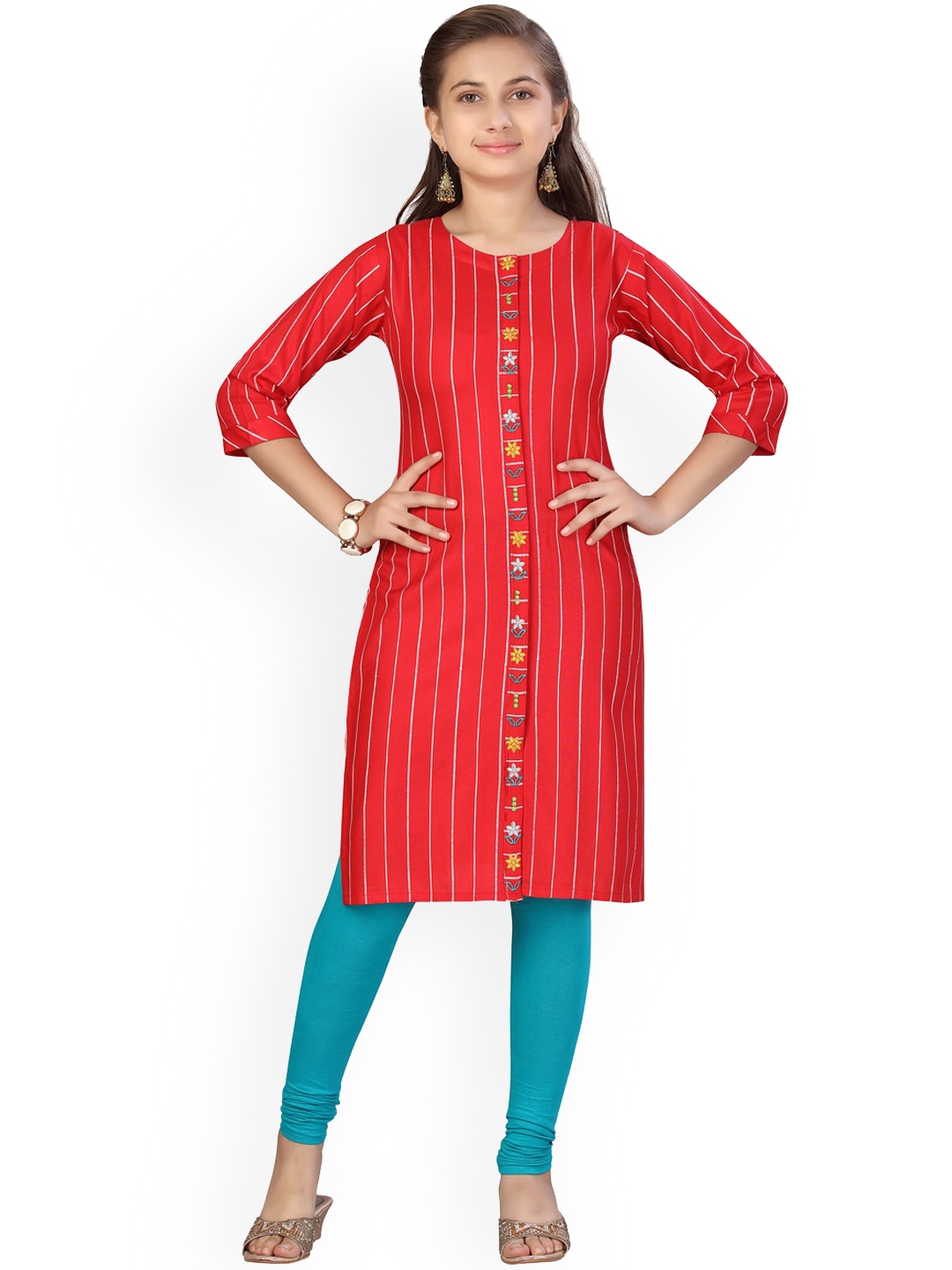 

Aarika Girls Red Striped Regular A-Line Pure Cotton Kurta & Churidar