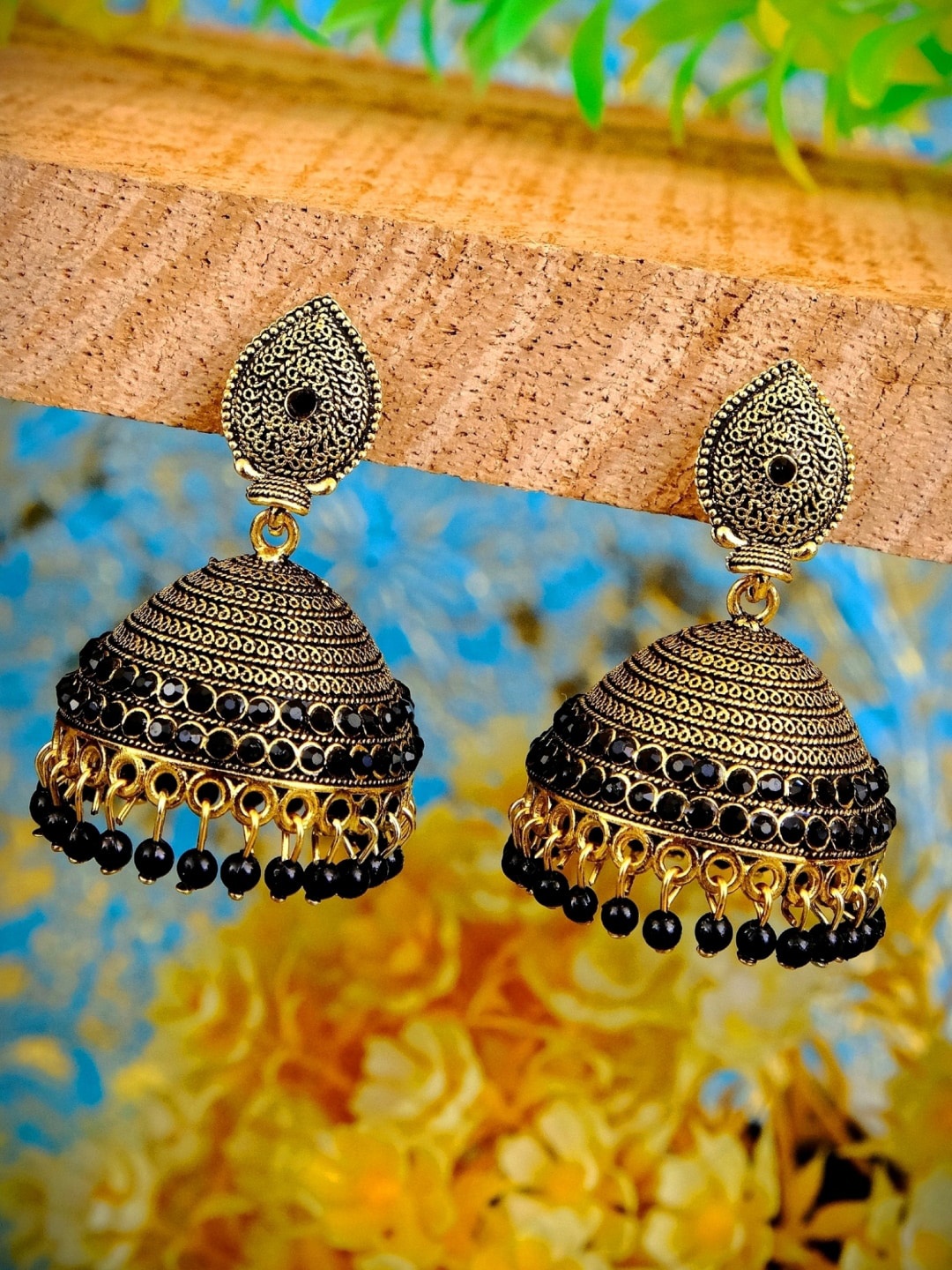 Crunchy Fashion Gold-Plated & Black Contemporary Jhumkas