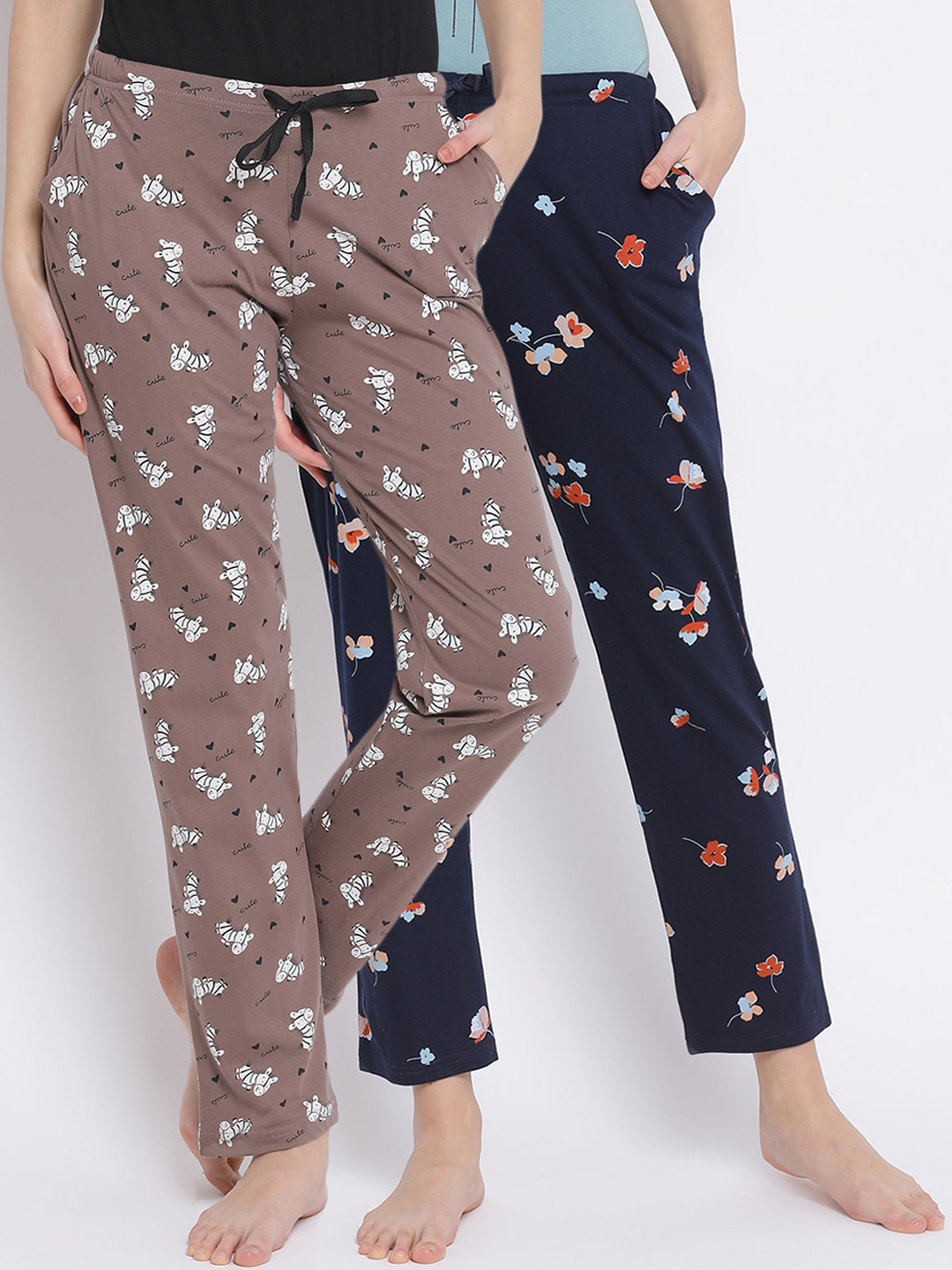 

Kanvin Women Pack Of 2 Printed Pure Cotton Lounge Pants, Brown