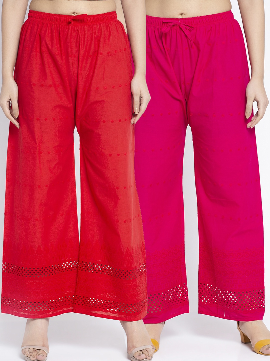 

GRACIT Women Red & Pink 2 Floral Embroidered Knitted Palazzos