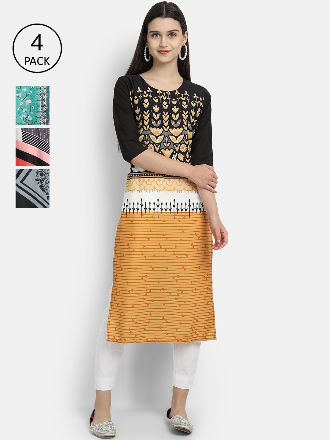 

Ethnic basket Women Pack Of 4 Printed Crepe Kurta, Orange