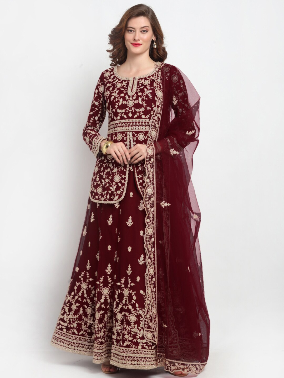 

Stylee LIFESTYLE Maroon & Gold-Toned Net Semi-Stitched Dress Material