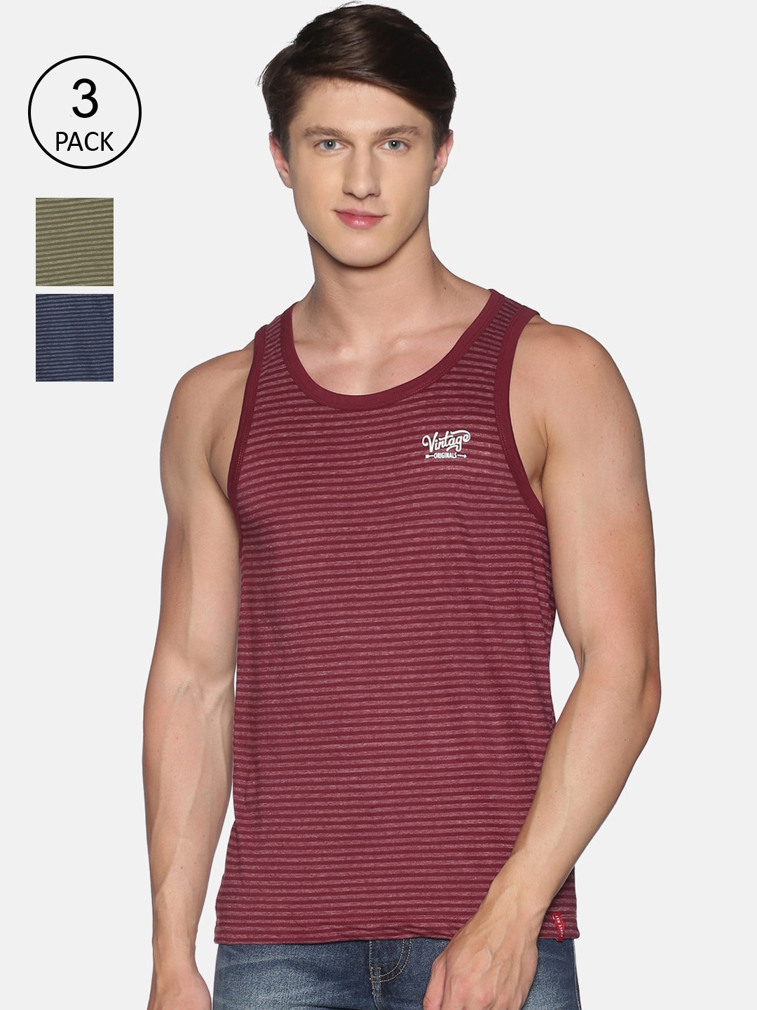 

Force NXT Pack of 3 Striped Premium Cotton Tank Vests, Maroon
