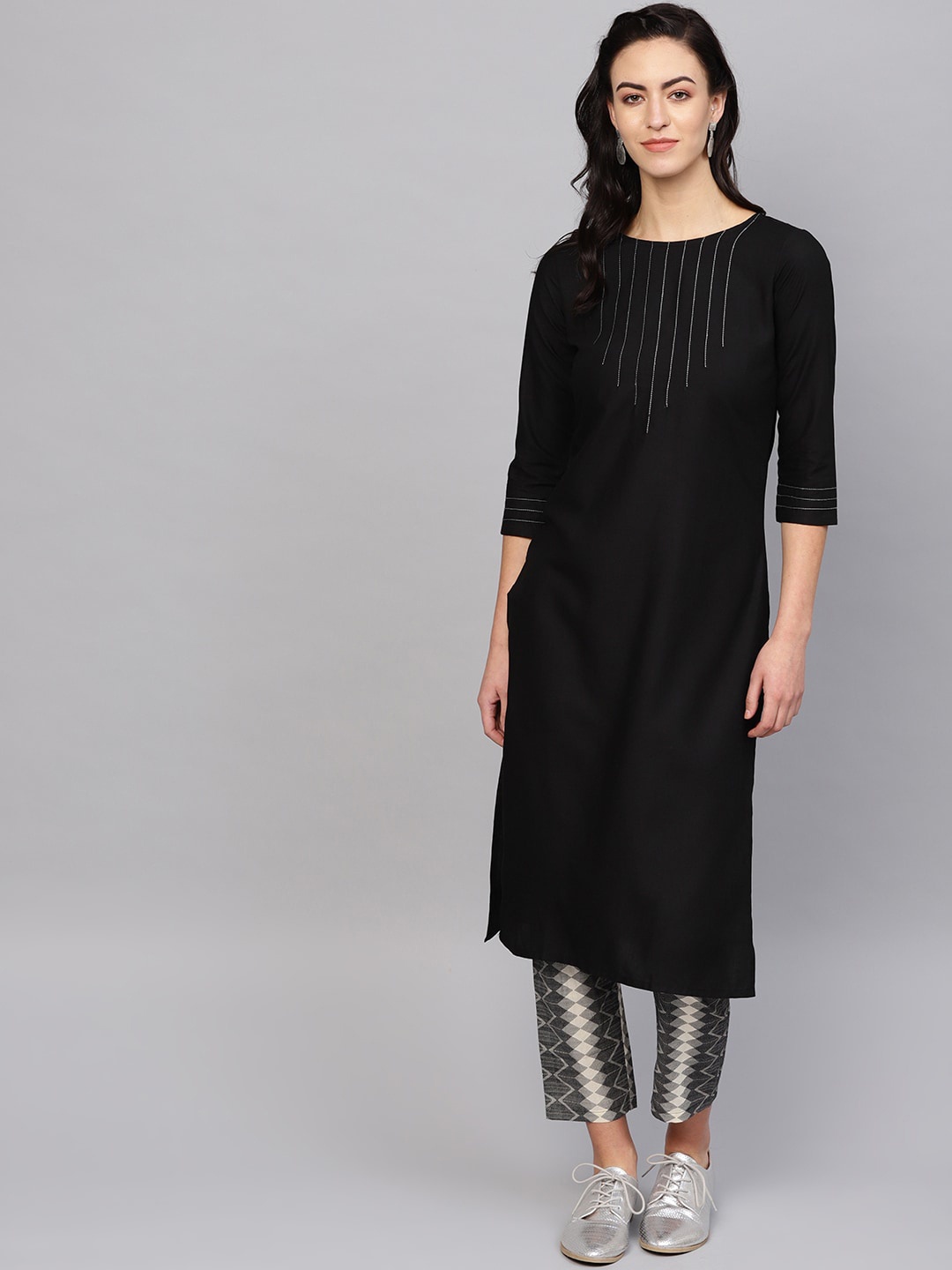 

Indo Era Women Black Yoke Design Thread Work Kurta