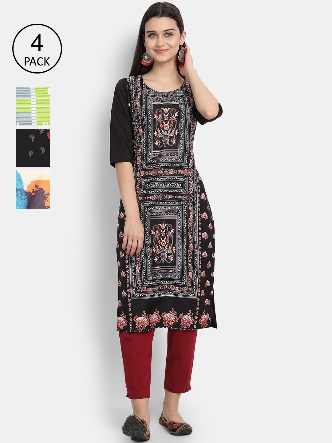 

Ethnic basket Pack of 4 Women Multicoloured Printed Crepe Kurta, Multi
