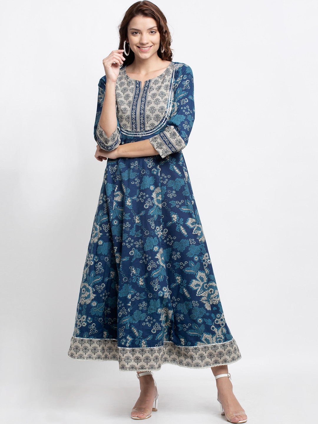 

ANAISA Women Blue & Beige Ethnic Motifs Printed Cotton Sequence Work Anarkali Kurta
