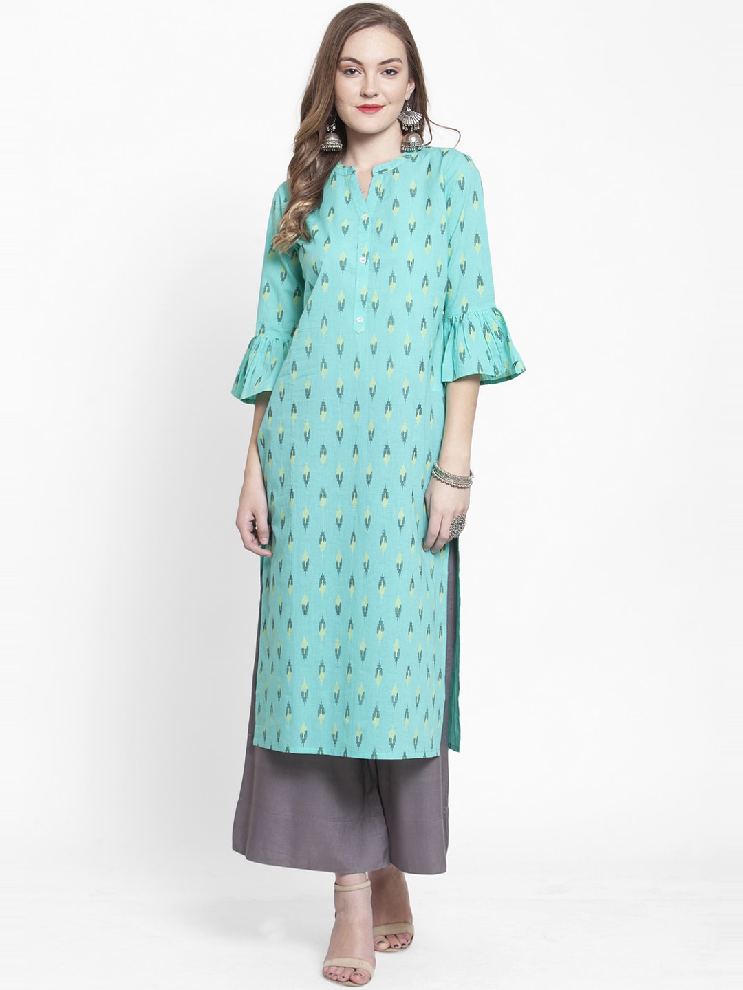 

Varanga Women Sea Green & Grey Printed Straight Pure Cotton Kurta with Palazzos