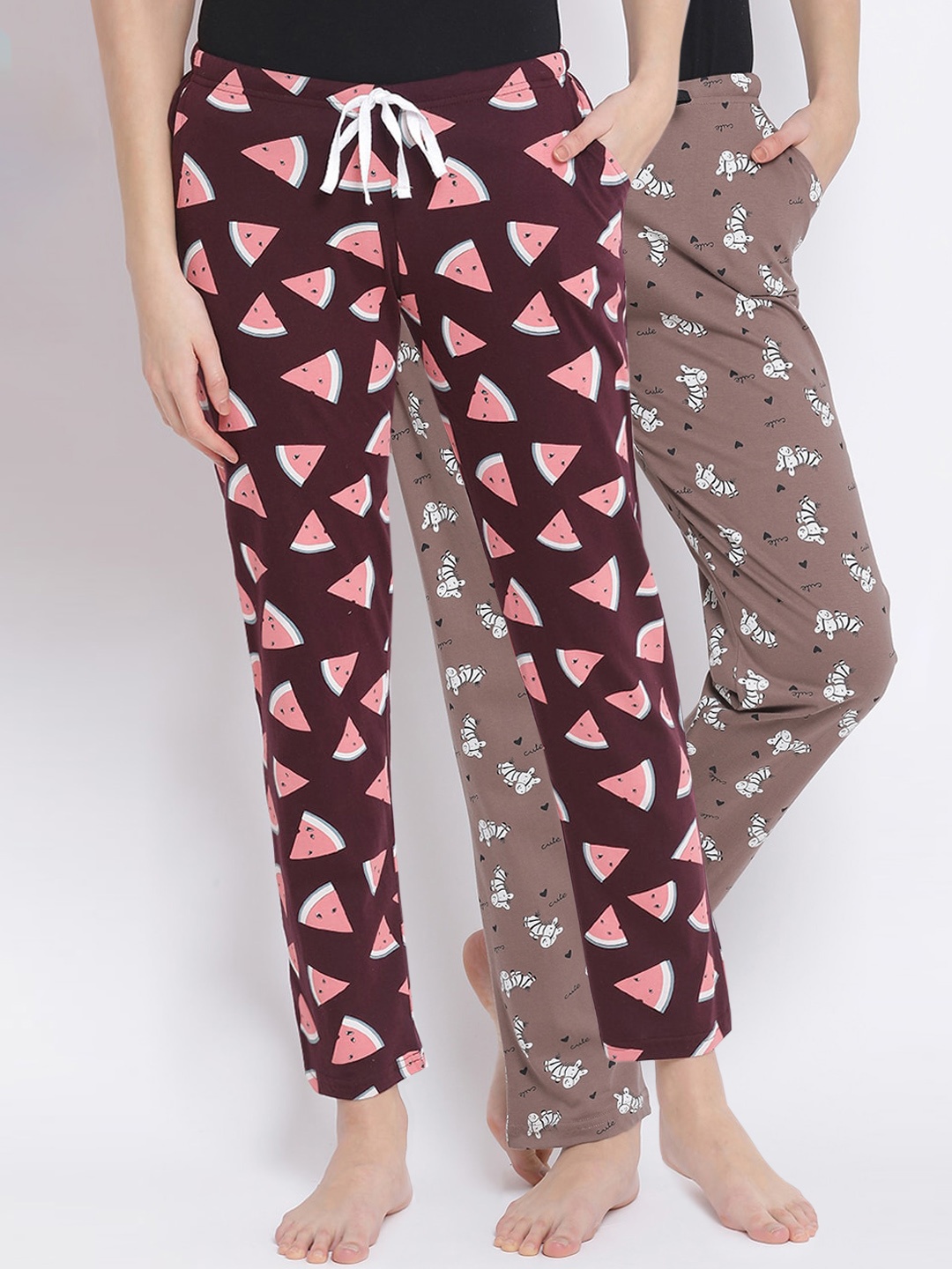 

Kanvin Women Pack Of 2 Printed Pure Cotton Lounge Pants, Brown