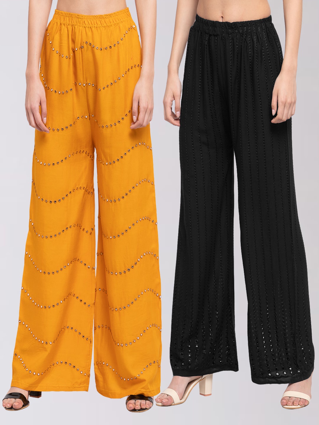 

KLOTTHE Women Pack Of 2 Embroidered Wide Leg Palazzos, Black