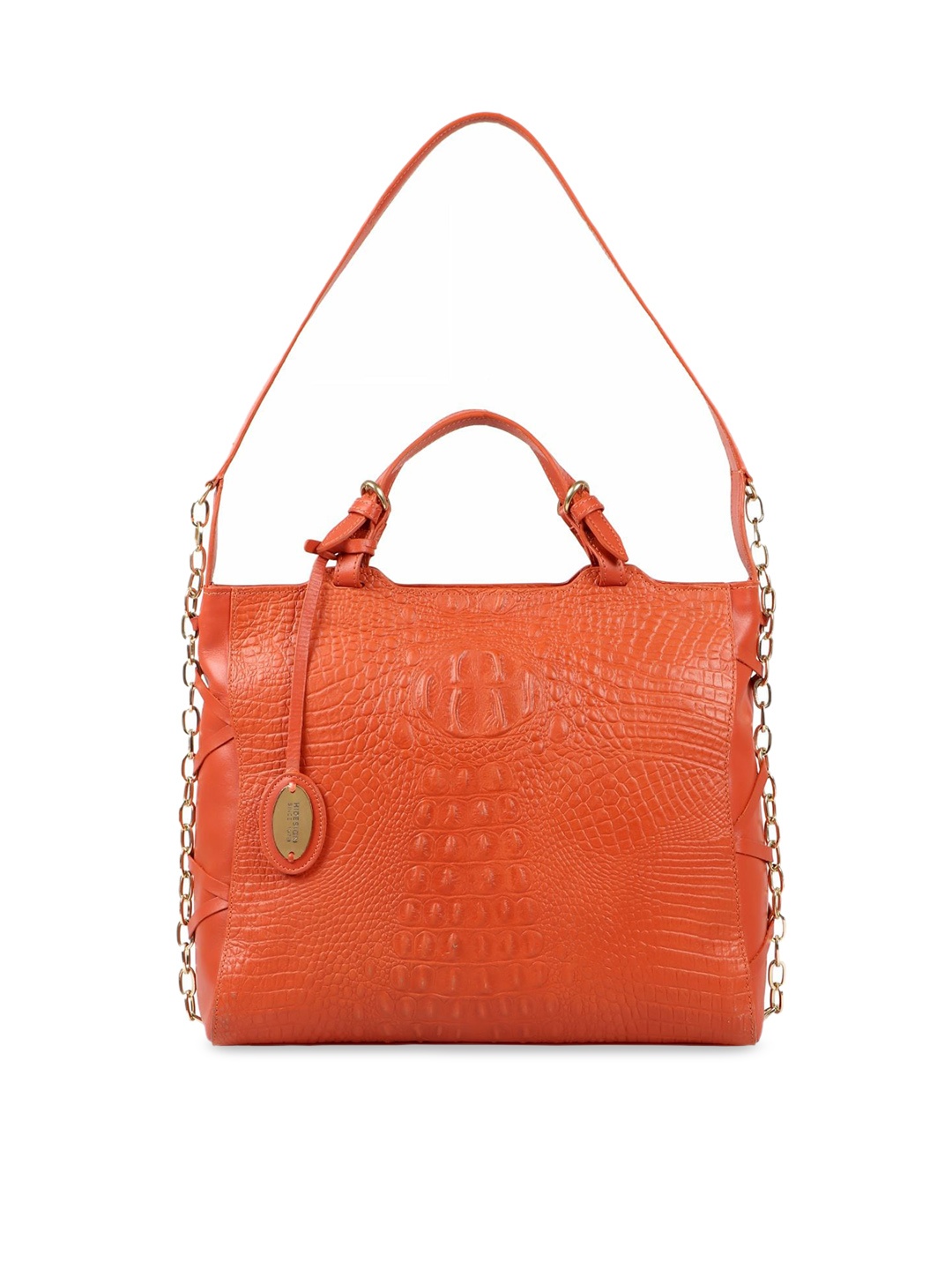 Hidesign Orange Croco-Skin Textured Leather Handheld Bag