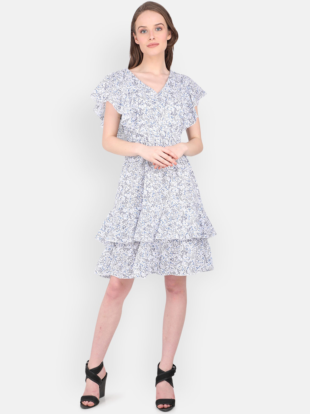 

MARC LOUIS Blue & White Floral Ruffle Cotton Dress