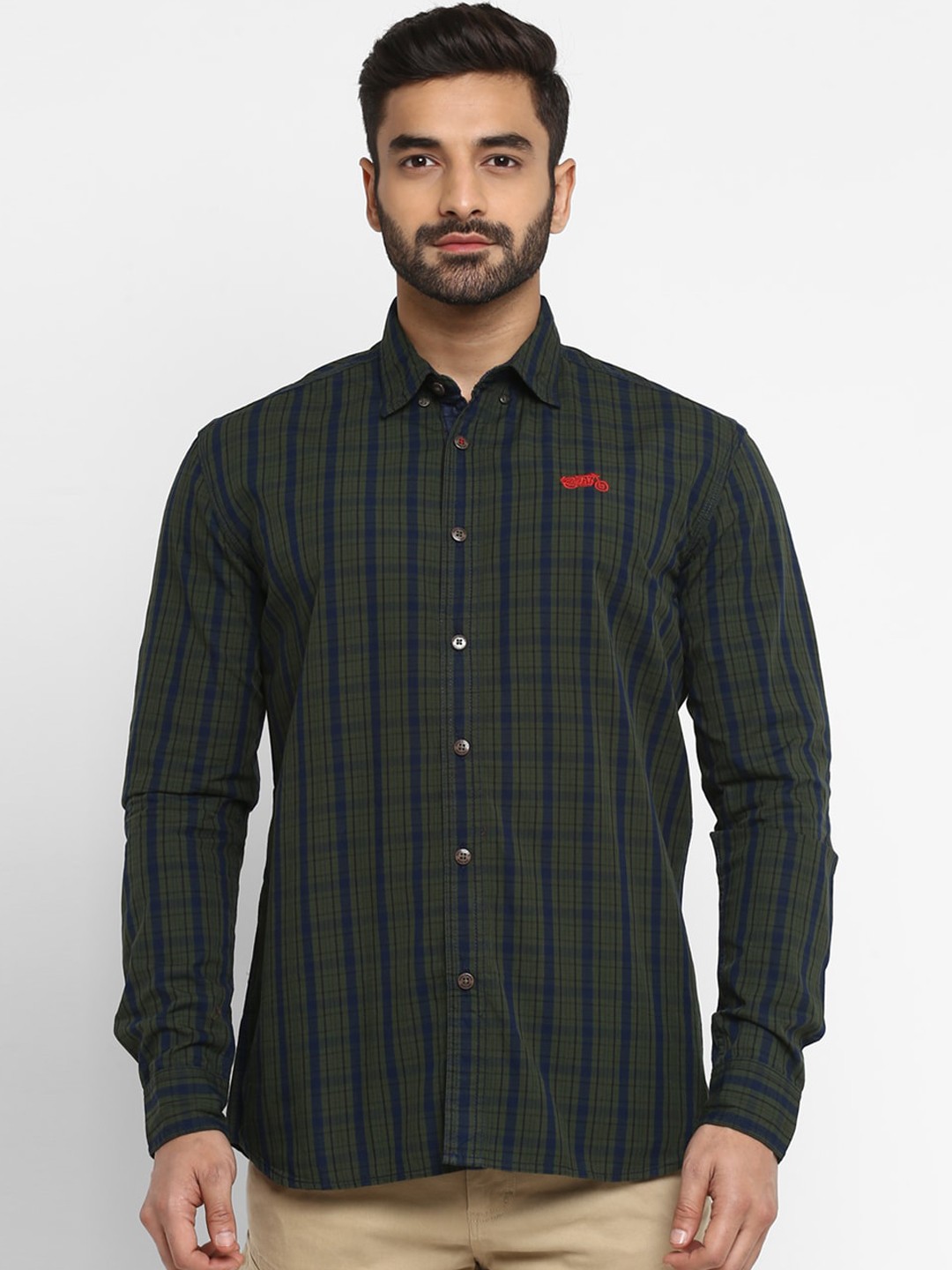 

Royal Enfield Men Navy Blue & Green Regular Fit Checked Casual Shirt