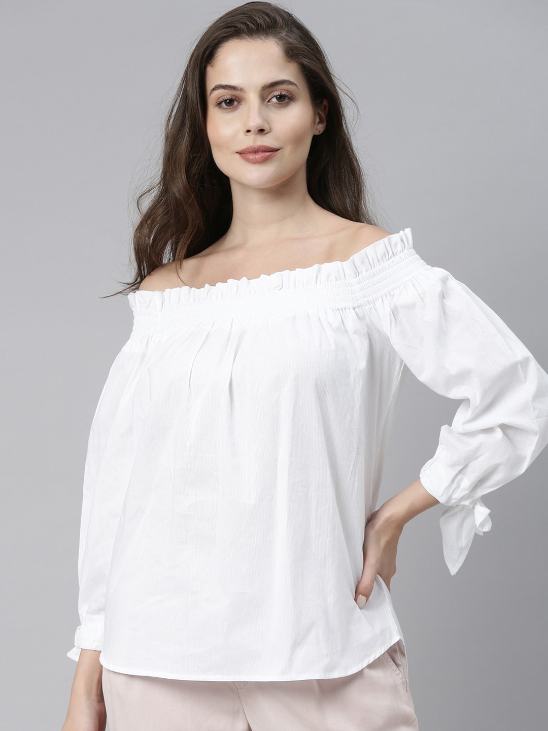 

RAREISM Women White Solid Off-Shoulder Bardot Top
