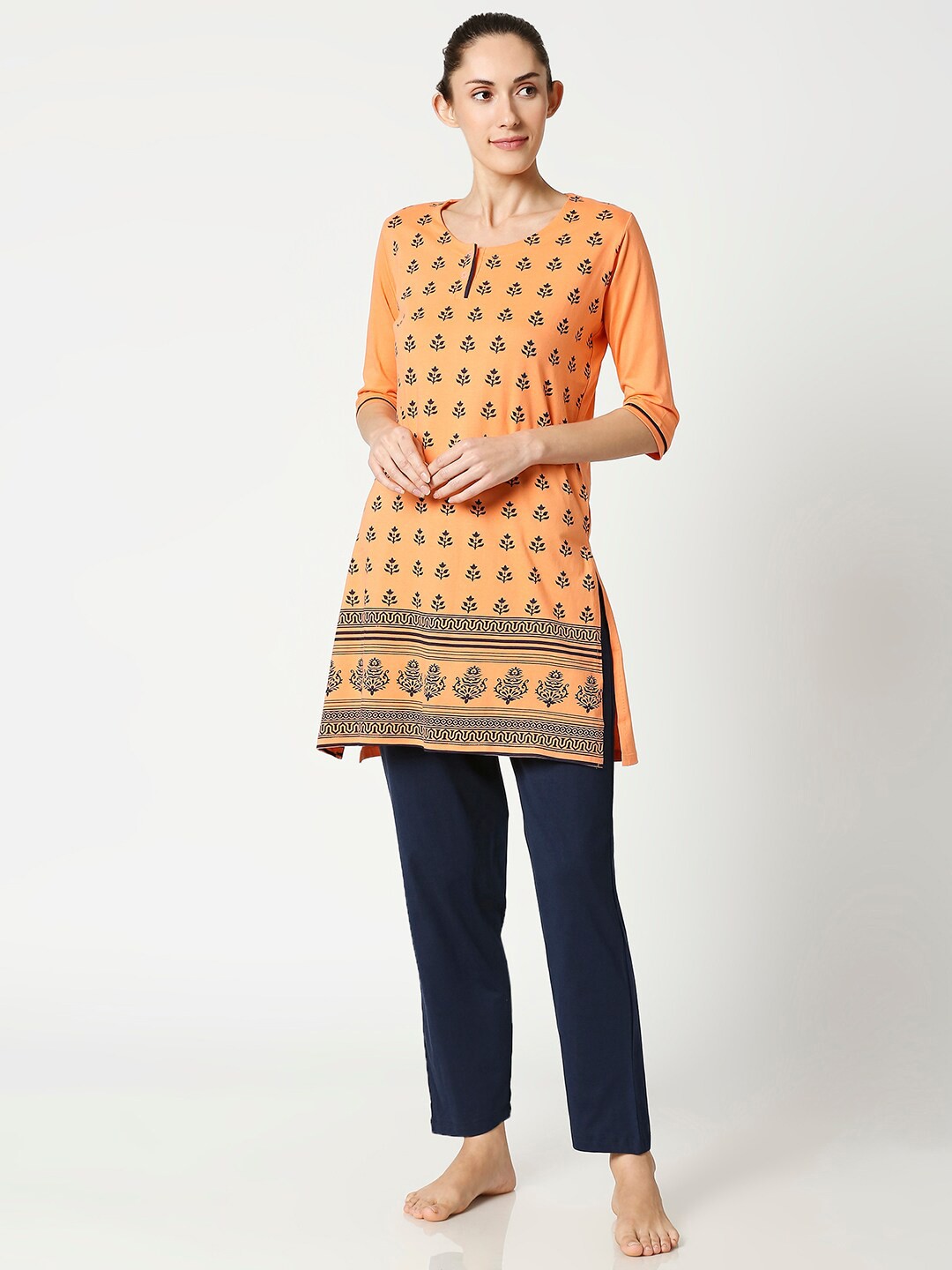 

AV2 Women Orange & Navy Blue Printed Cotton Night suit