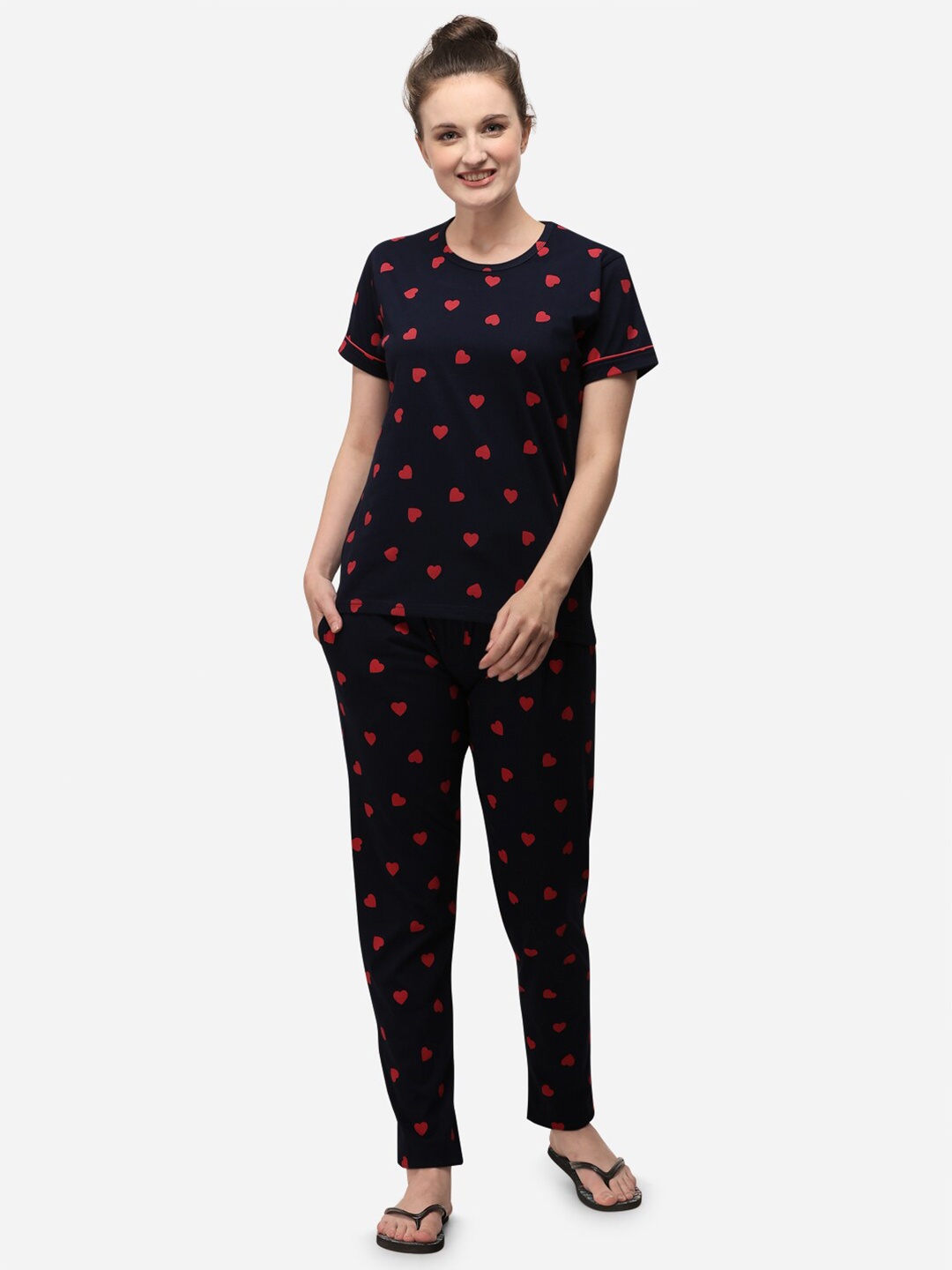

Lenissa Women Navy Blue & Red Printed Cotton Night Suit