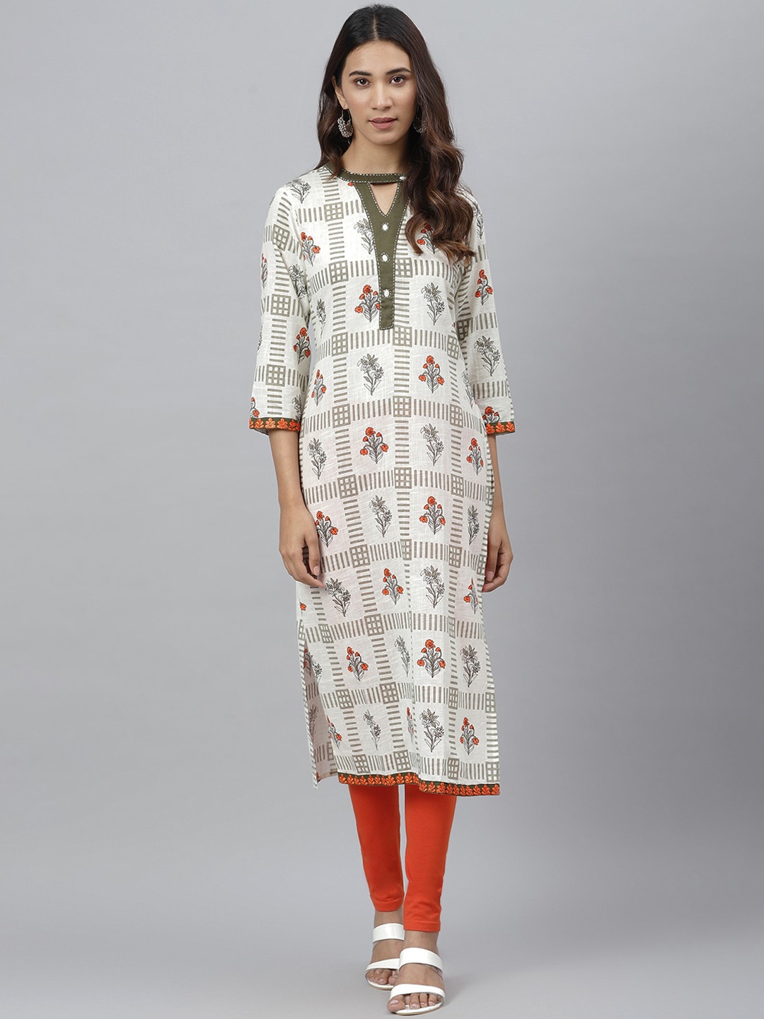 

JAIPUR ATTIRE Women Cream-Coloured Ethnic Motifs Printed Keyhole Neck Cotton Kurta