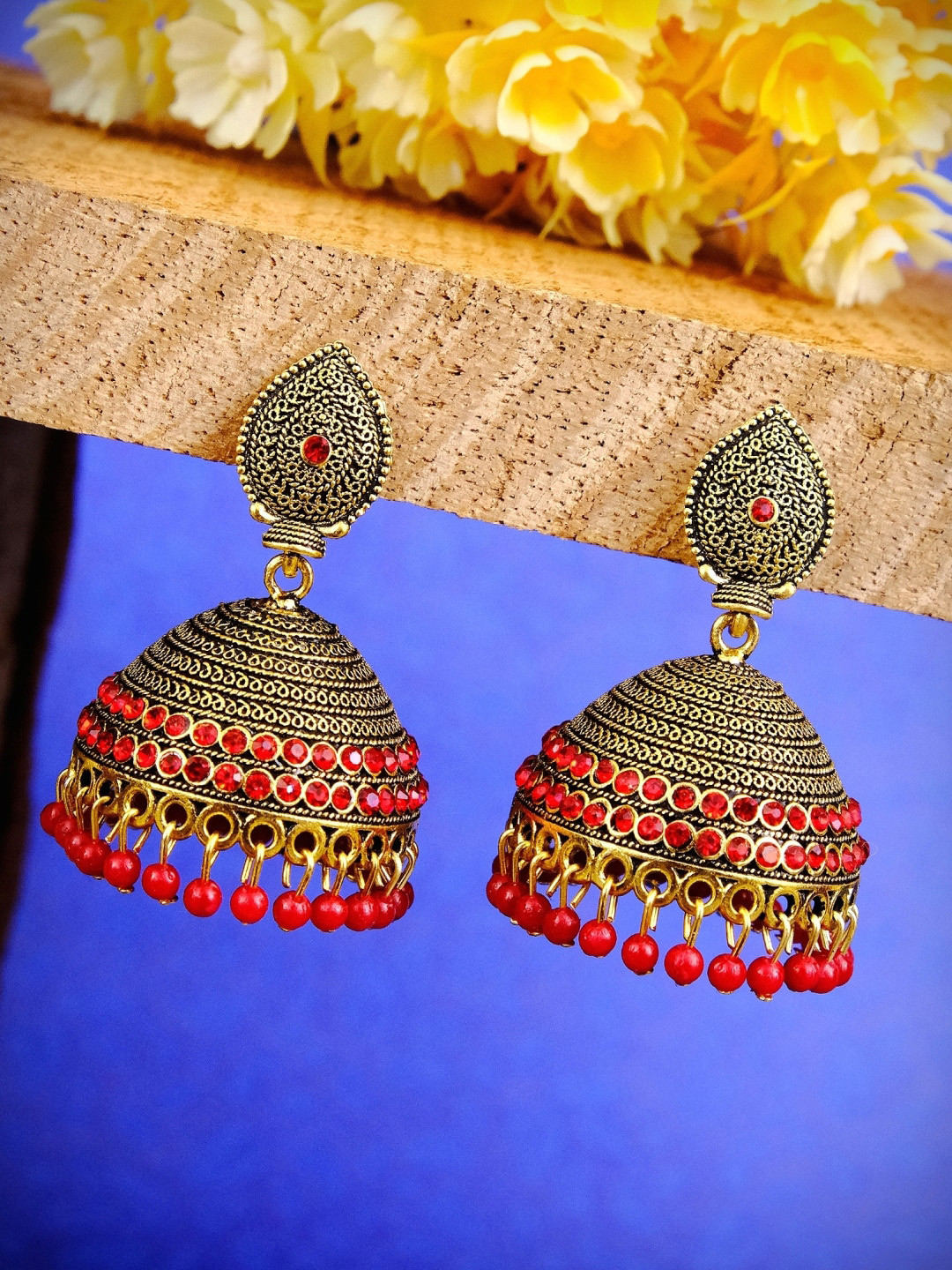 

Crunchy Fashion Gold-Plated & Red Contemporary Jhumkas