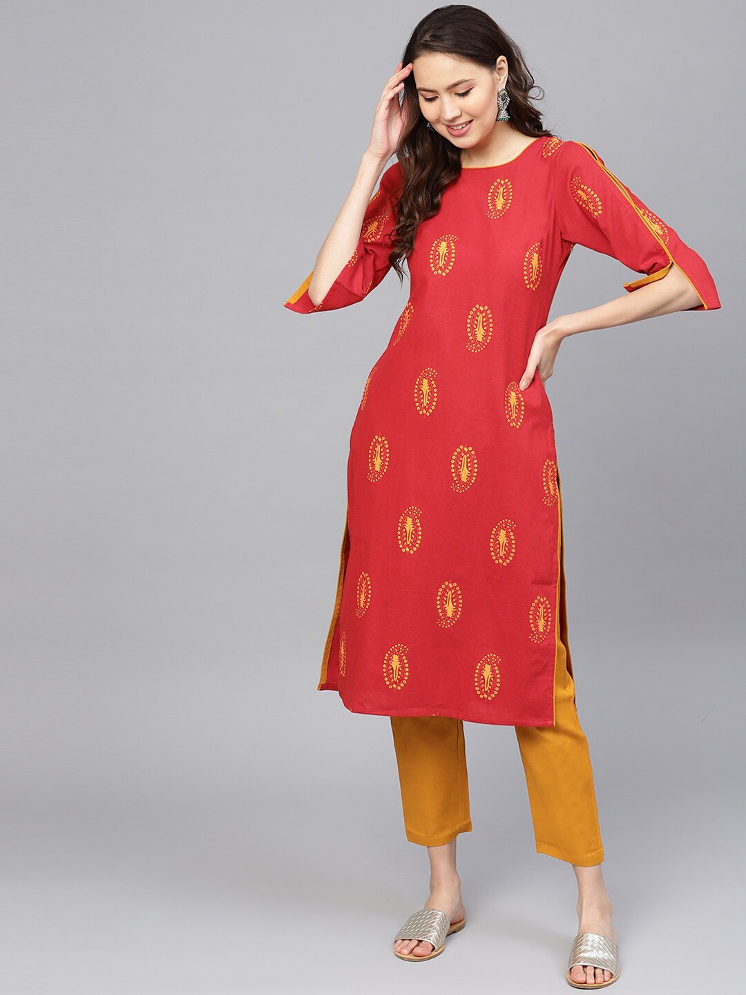 

Indo Era Women Red Ethnic Motifs Printed Straight Pure Cotton Kurta with Trousers