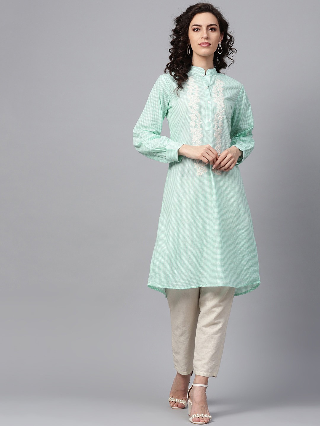 

Indo Era Women Sea Green Checked Kurta