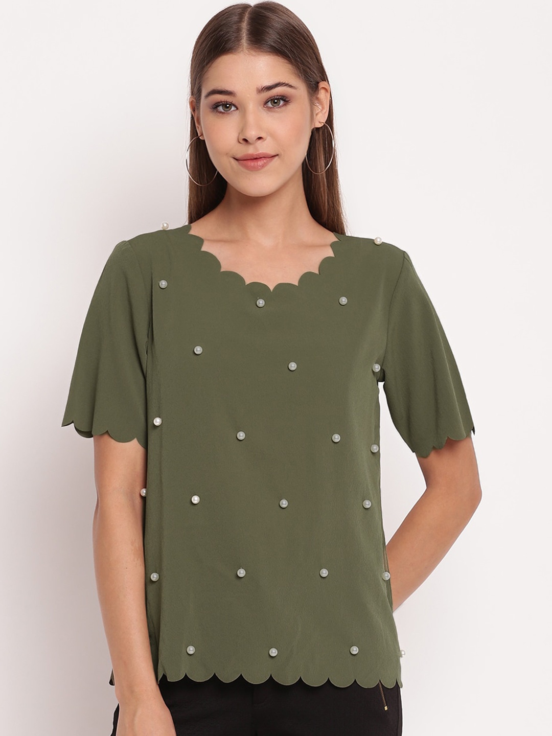 

AKIMIA Olive Green Embellished Crepe Regular Top
