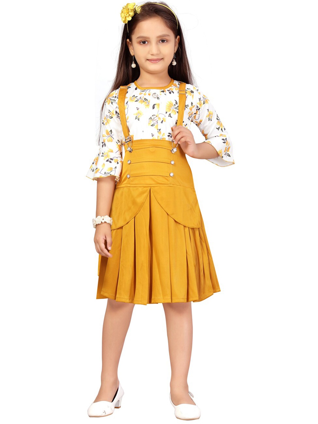 

Aarika Girls White & Yellow Printed Top with Skirt