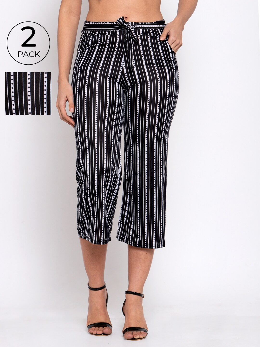 

KLOTTHE Women Pack of 2 Black & White Striped Wide Leg Palazzos