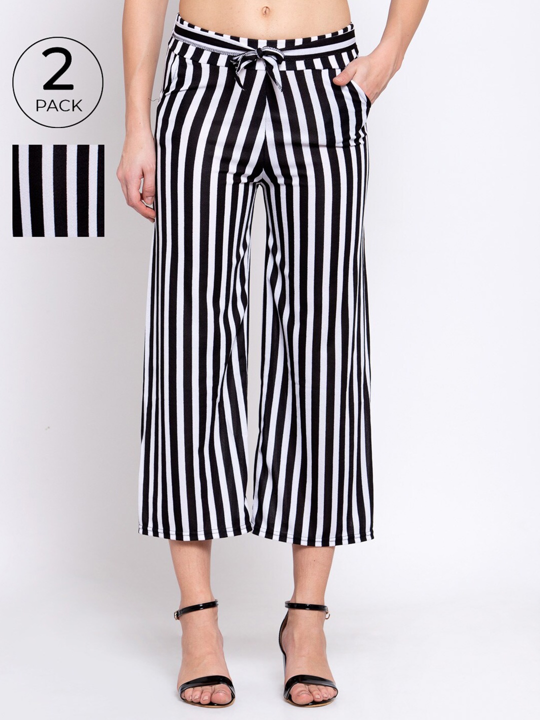 

KLOTTHE Women Pack Of 2 Striped Wide Leg Palazzos, Black