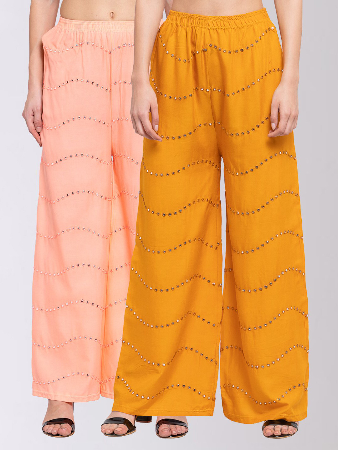 

KLOTTHE Women Pack of 2 Peach-Coloured & Yellow Embroidered Wide Leg Palazzos