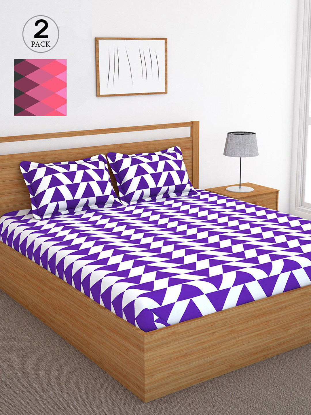 

Bedspun Purple & White Geometric 120 TC Cotton 2 Queen Bedsheet with 4 Pillow Covers