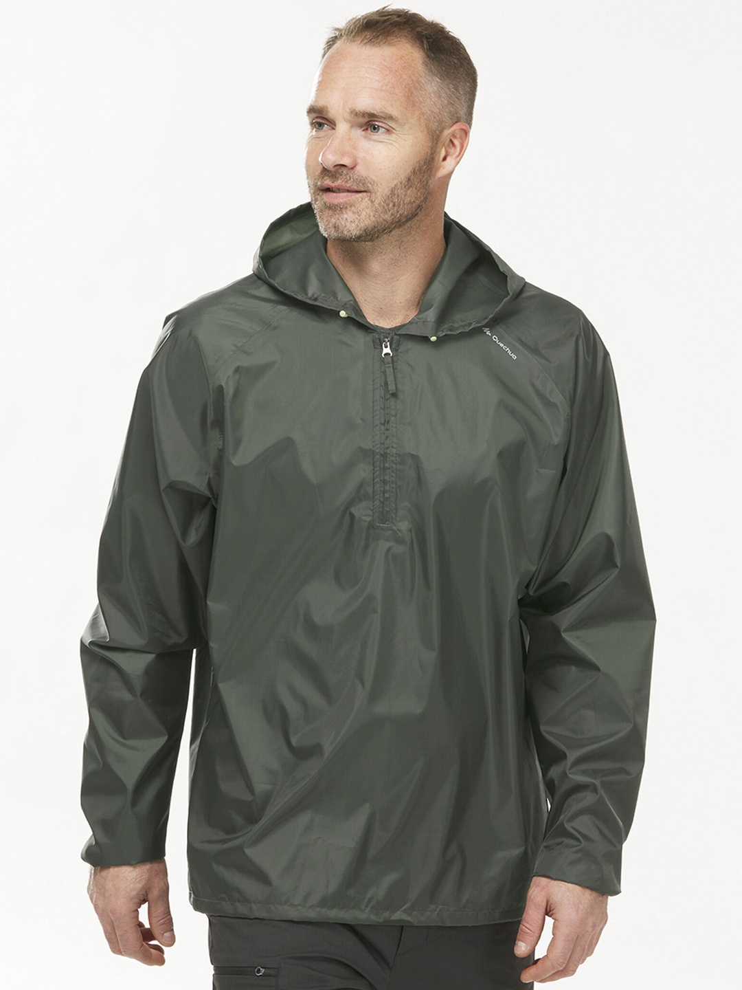 Quechua By Decathlon Men Half Zip Compact Waterproof Rain Jacket, Olive