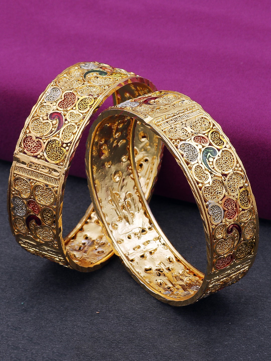 

Sukkhi Set Of 2 24 Carat Gold-Plated Green & Red Meenakari Bangles