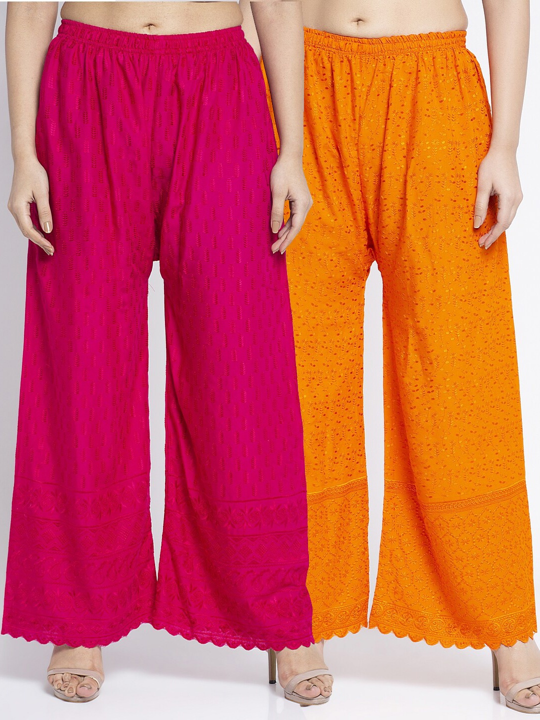 GRACIT Women Pack Of 2 Pink & Orange Embroidered Wide Leg Palazzos