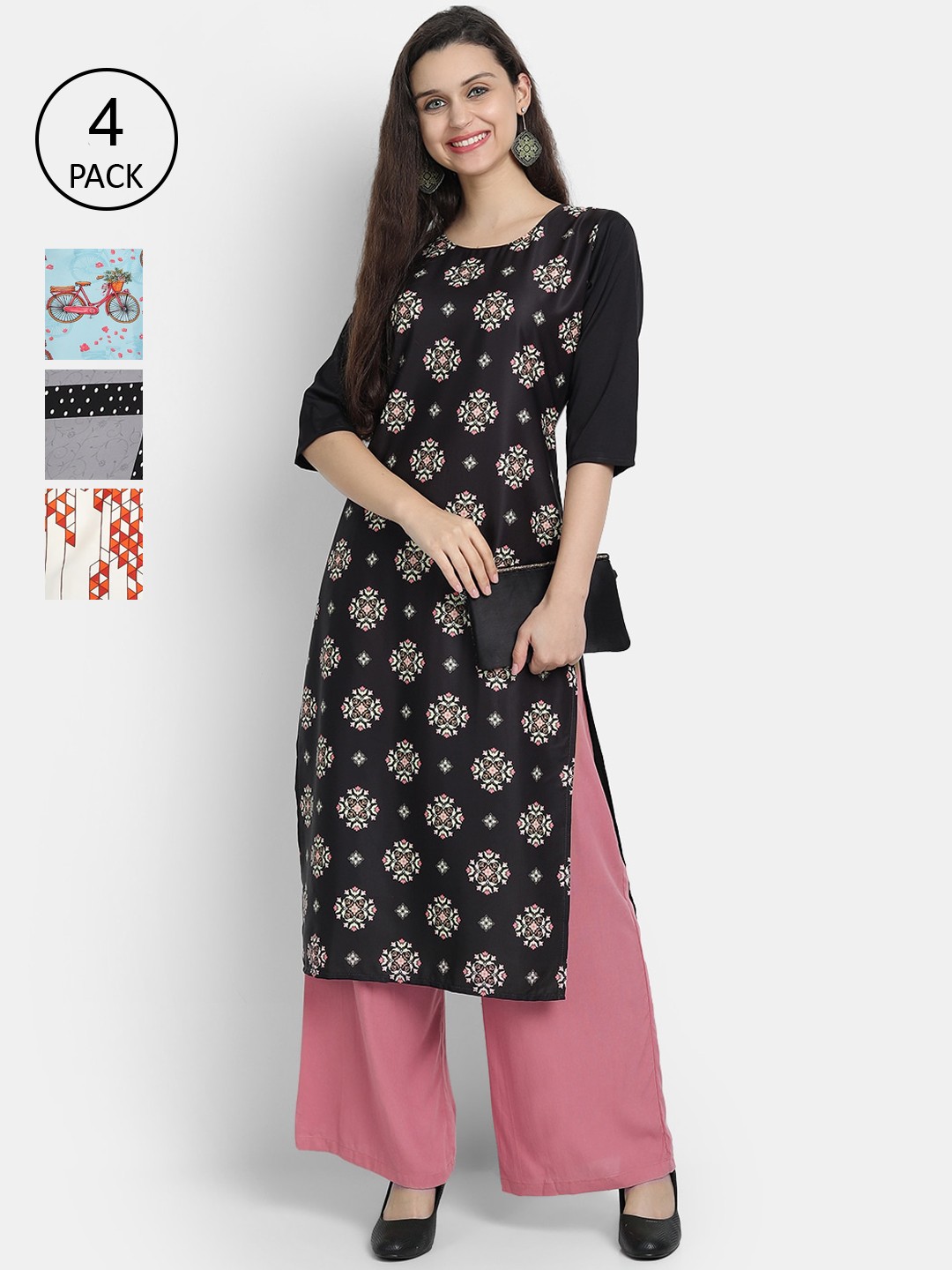 

Ethnic basket Women Pack of 4 Multicoloured Ethnic Motifs Printed Crepe Kurta, Multi