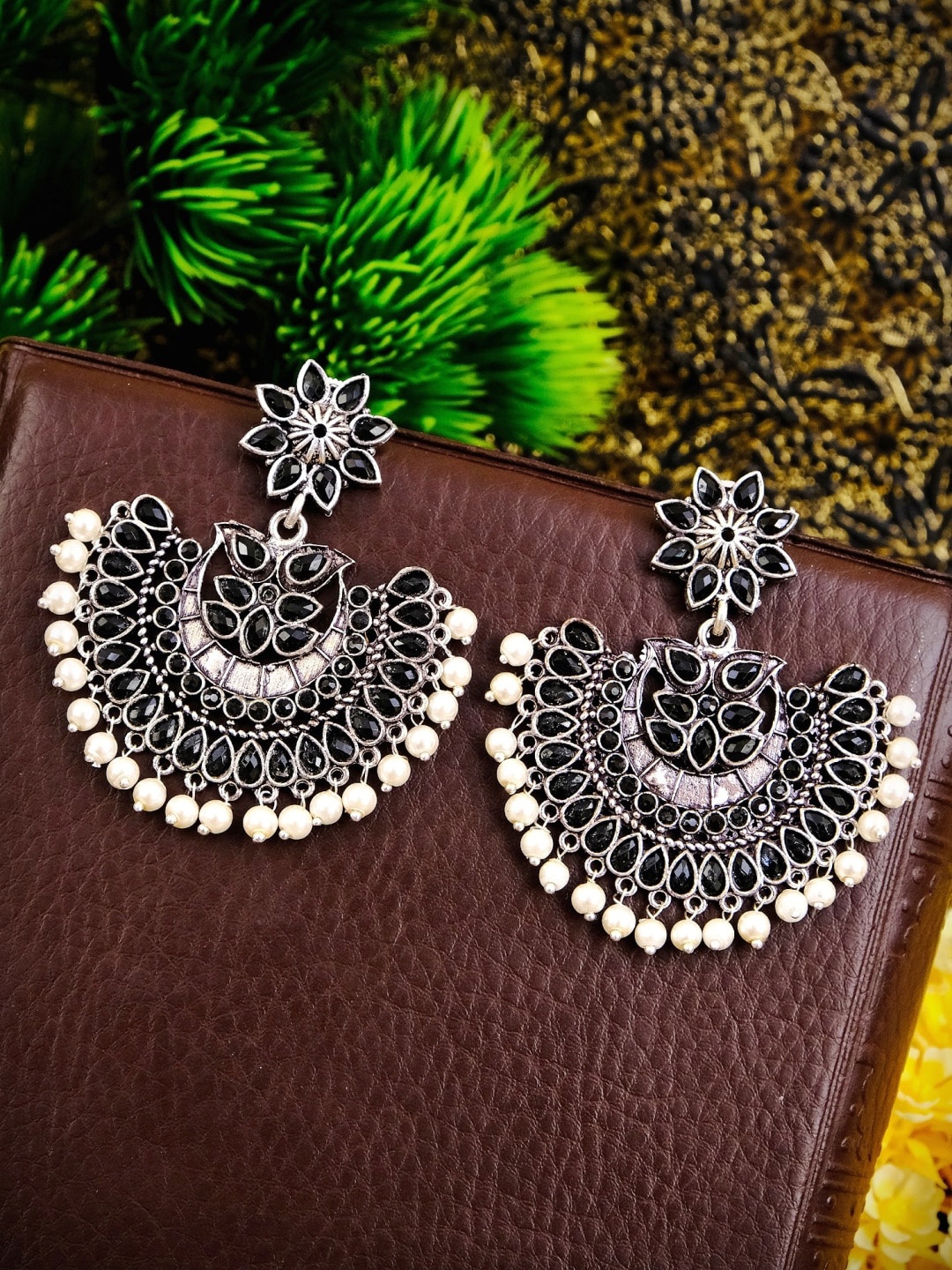 

Crunchy Fashion Silver-Plated & Black Handcrafted Contemporary Chandbalis