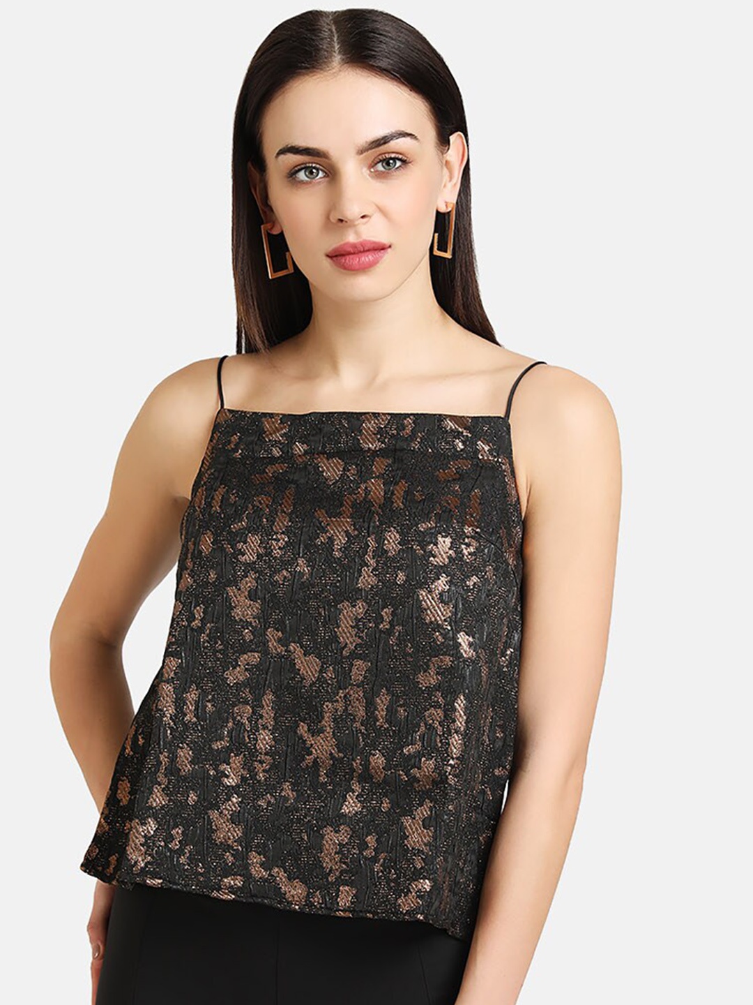 

Kazo Black & Copper-Toned Lace Self-Designed Tank Top