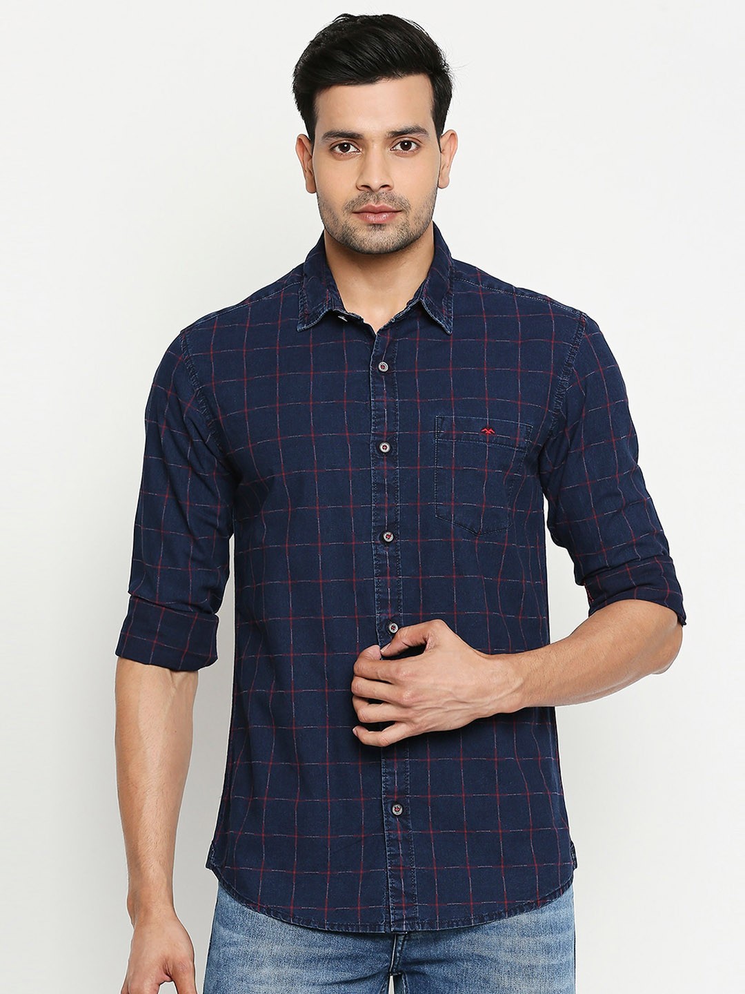 

Mufti Men Blue & Red Slim Fit Checked Casual Shirt