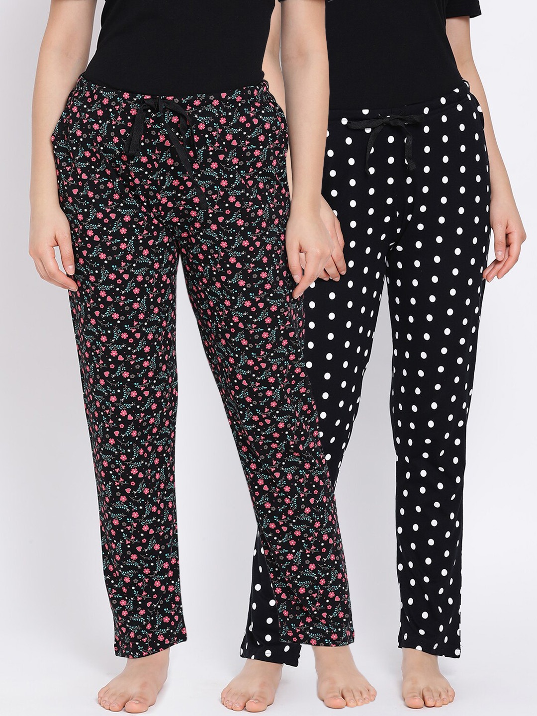 Kanvin Women Pack Of 2 Printed Pure Cotton Lounge Pants, Black