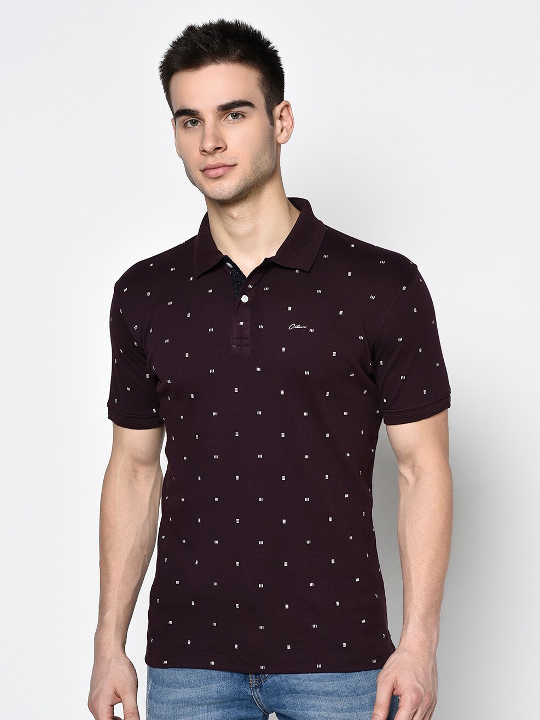 

Octave Men Burgundy Printed Polo Collar Cotton Pure Cotton T-shirt