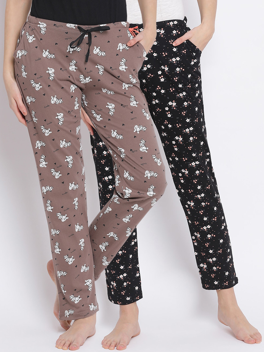 

Kanvin Women Pack Of 2 Printed Pure Cotton Lounge Pants, Brown