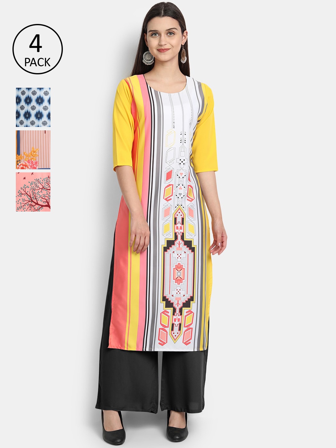 

Ethnic basket Women Pack Of 4 Printed Crepe Kurtas, Yellow
