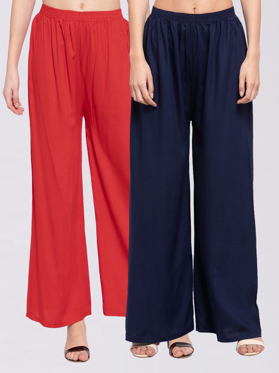 

KLOTTHE Women Pack of 2 Navy Blue & Red Solid Wide Leg Palazzos