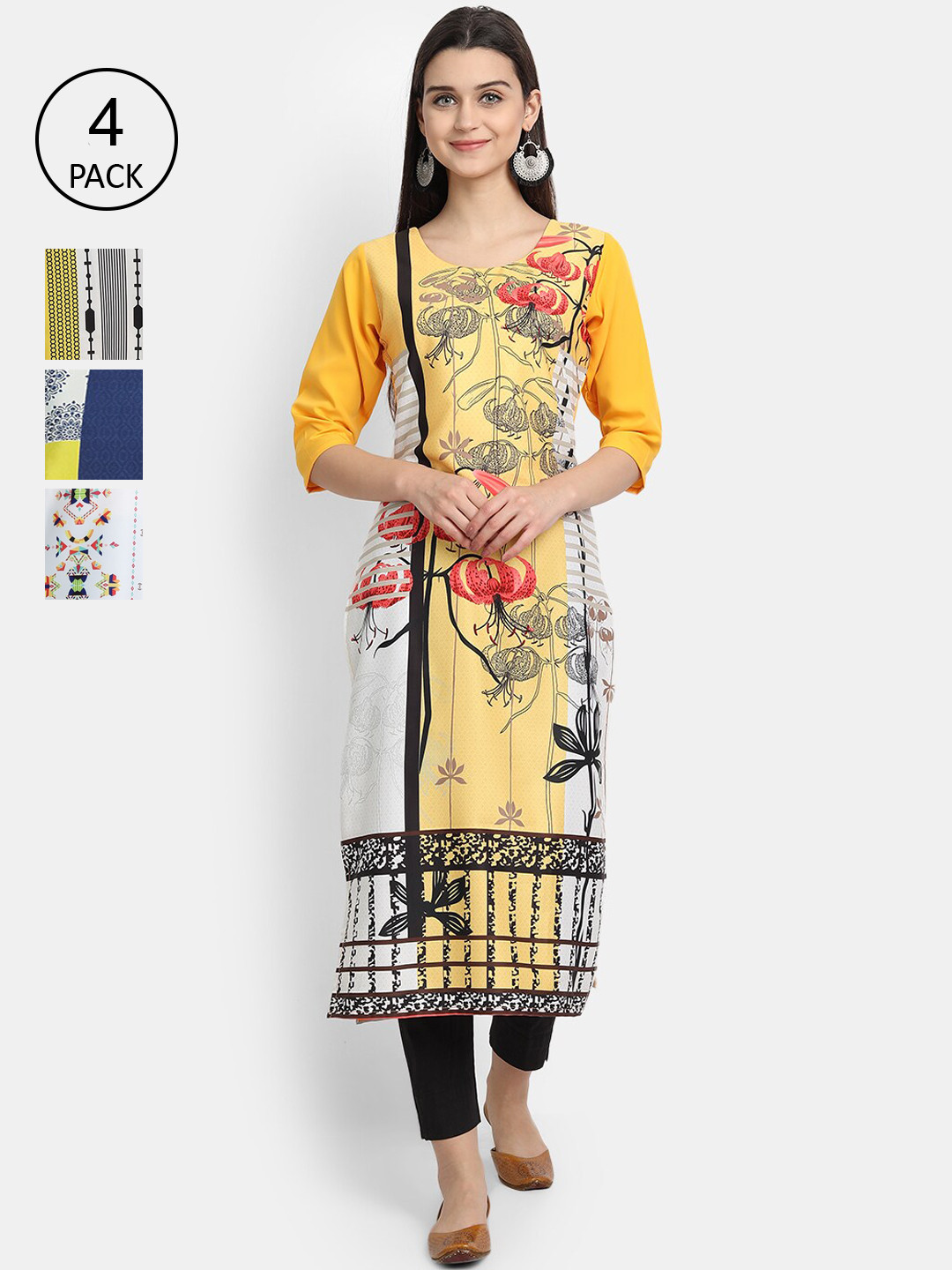 

Ethnic basket Pack of 4 Women Multicoloured Ethnic Motifs Printed Crepe Kurta, Multi