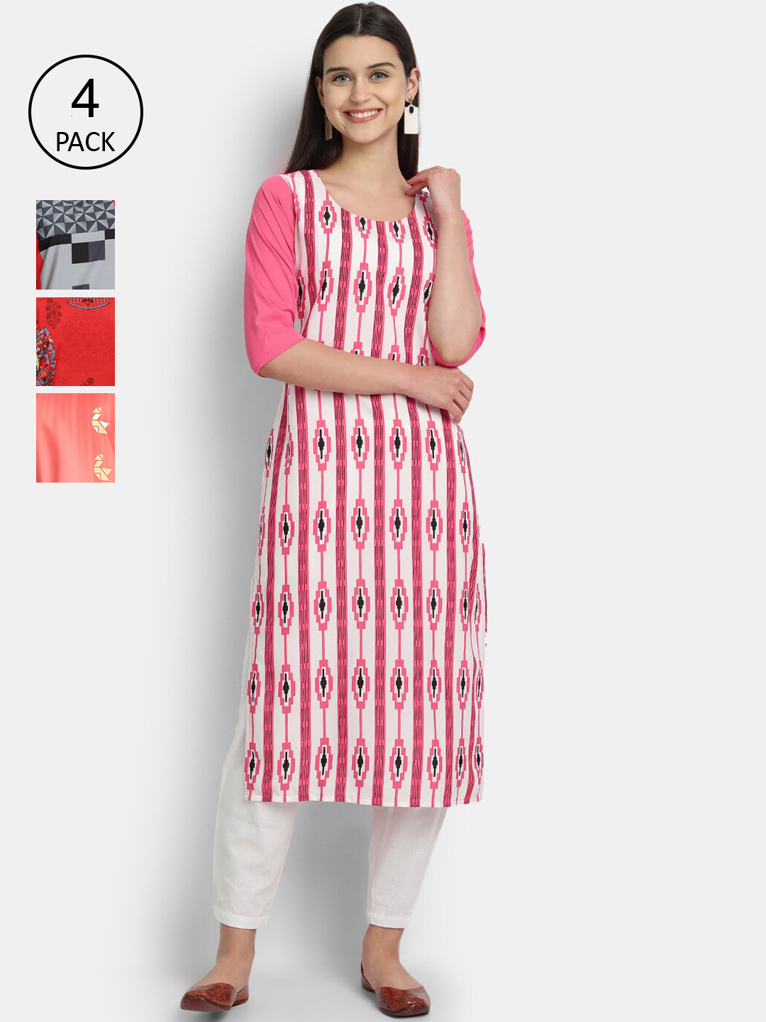 

Ethnic basket Women Pack of 4 Multicoloured Geometric Printed Crepe Kurta, Multi