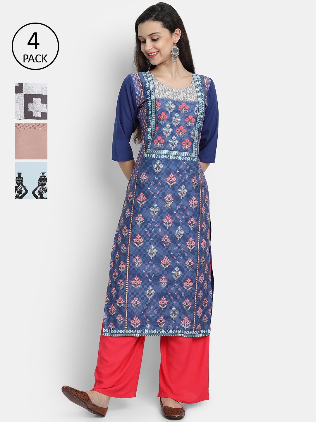 

Ethnic basket Women Pack Of 4 Printed Crepe Kurtas, Navy blue