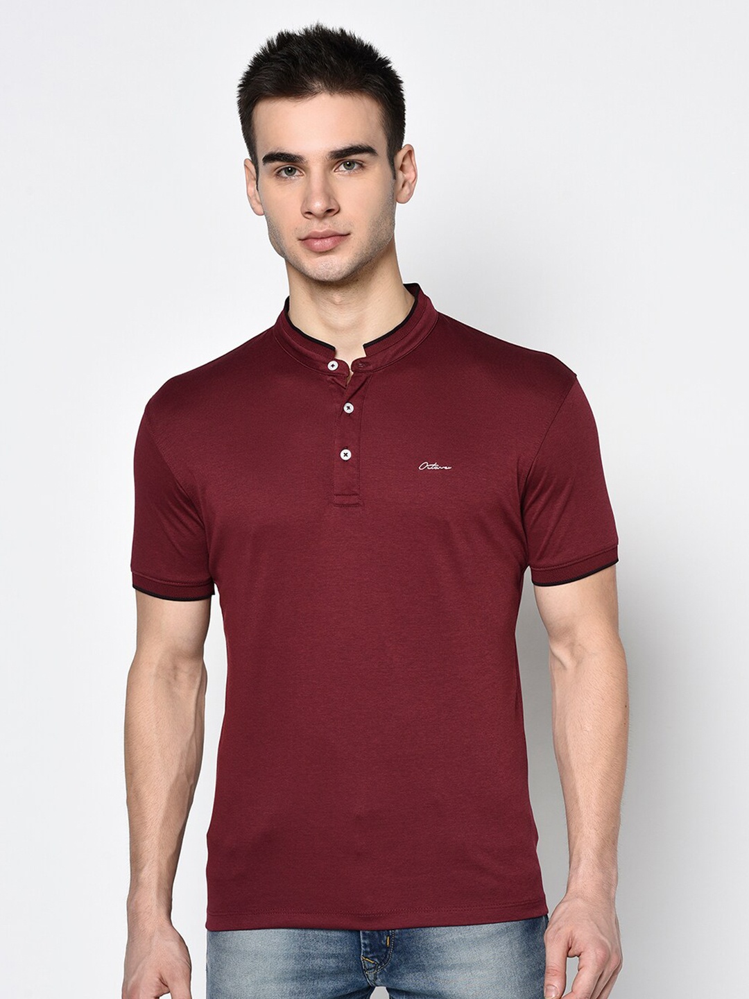 

Octave Men Maroon Mandarin Collar Cotton T-shirt