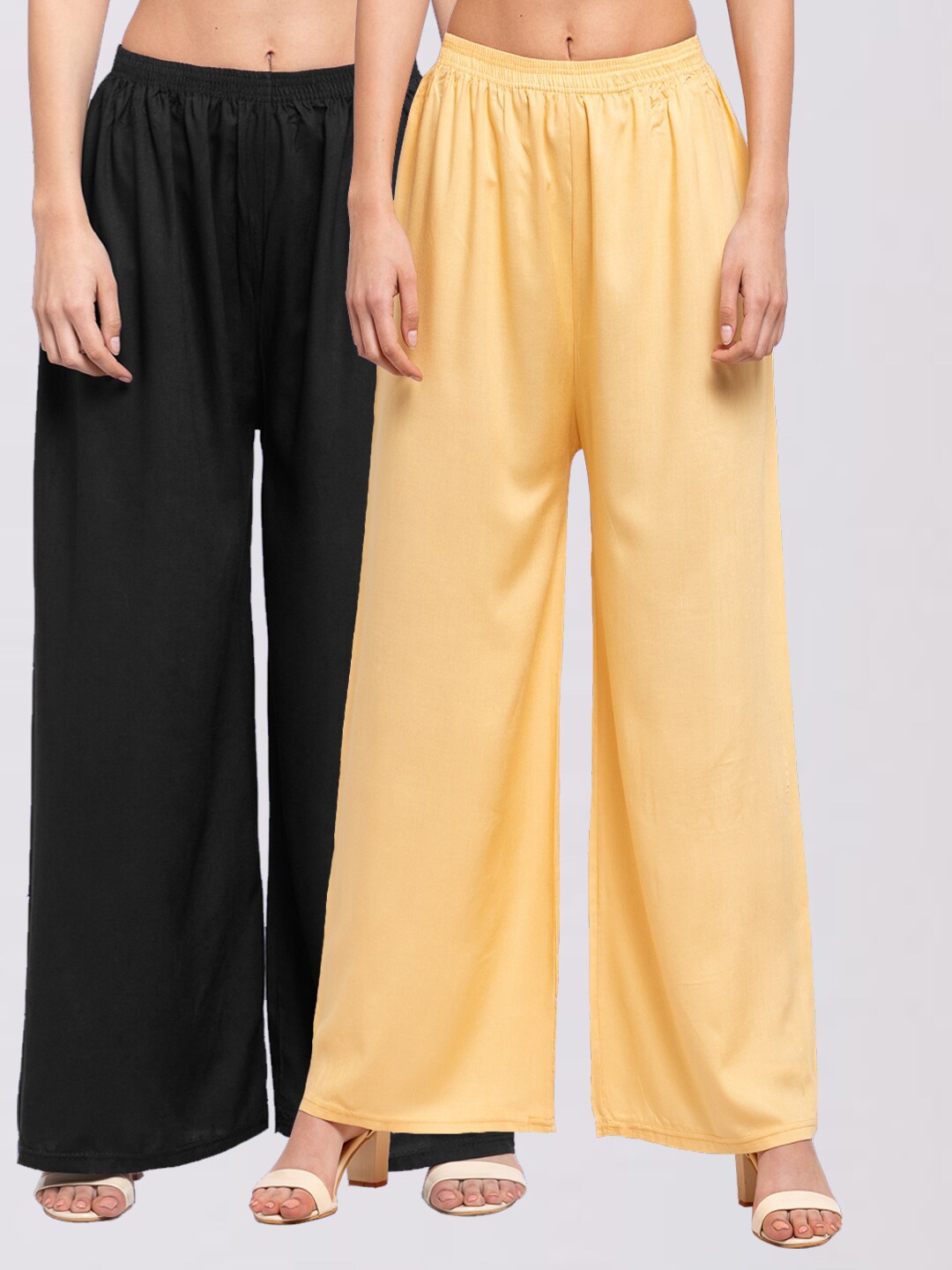 

KLOTTHE Women Pack Of 2 Beige & Black Solid Wide Leg Cotton Palazzos