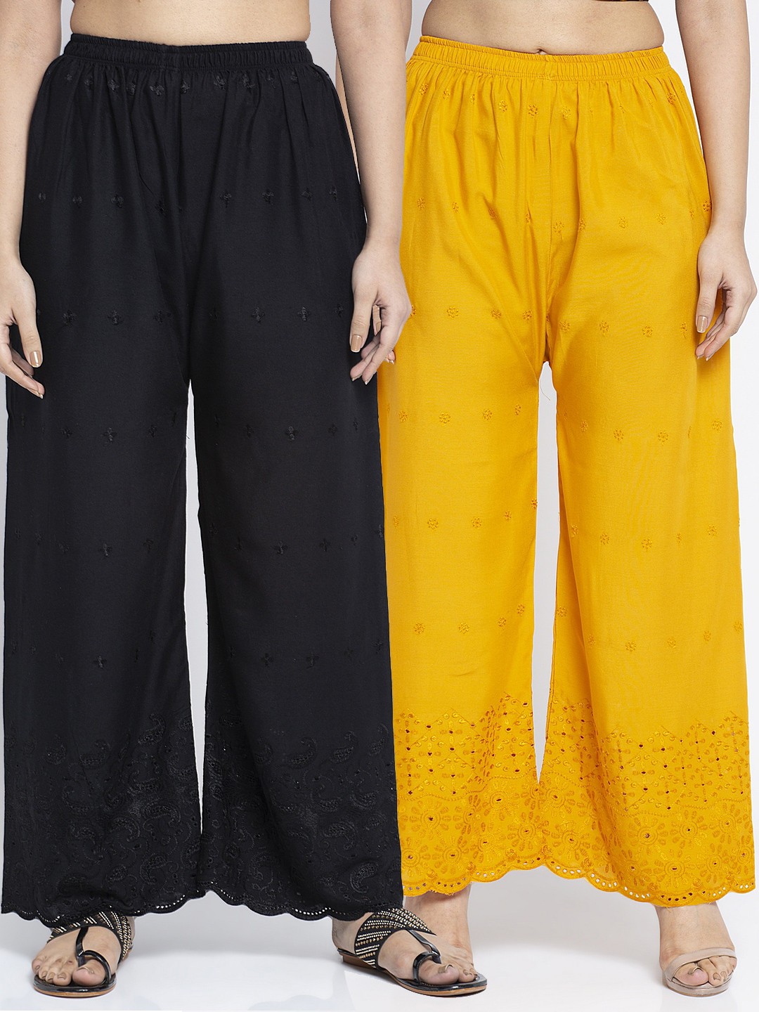 

GRACIT Women Pack of 2 Black & Yellow Embroidered Wide Leg Palazzos