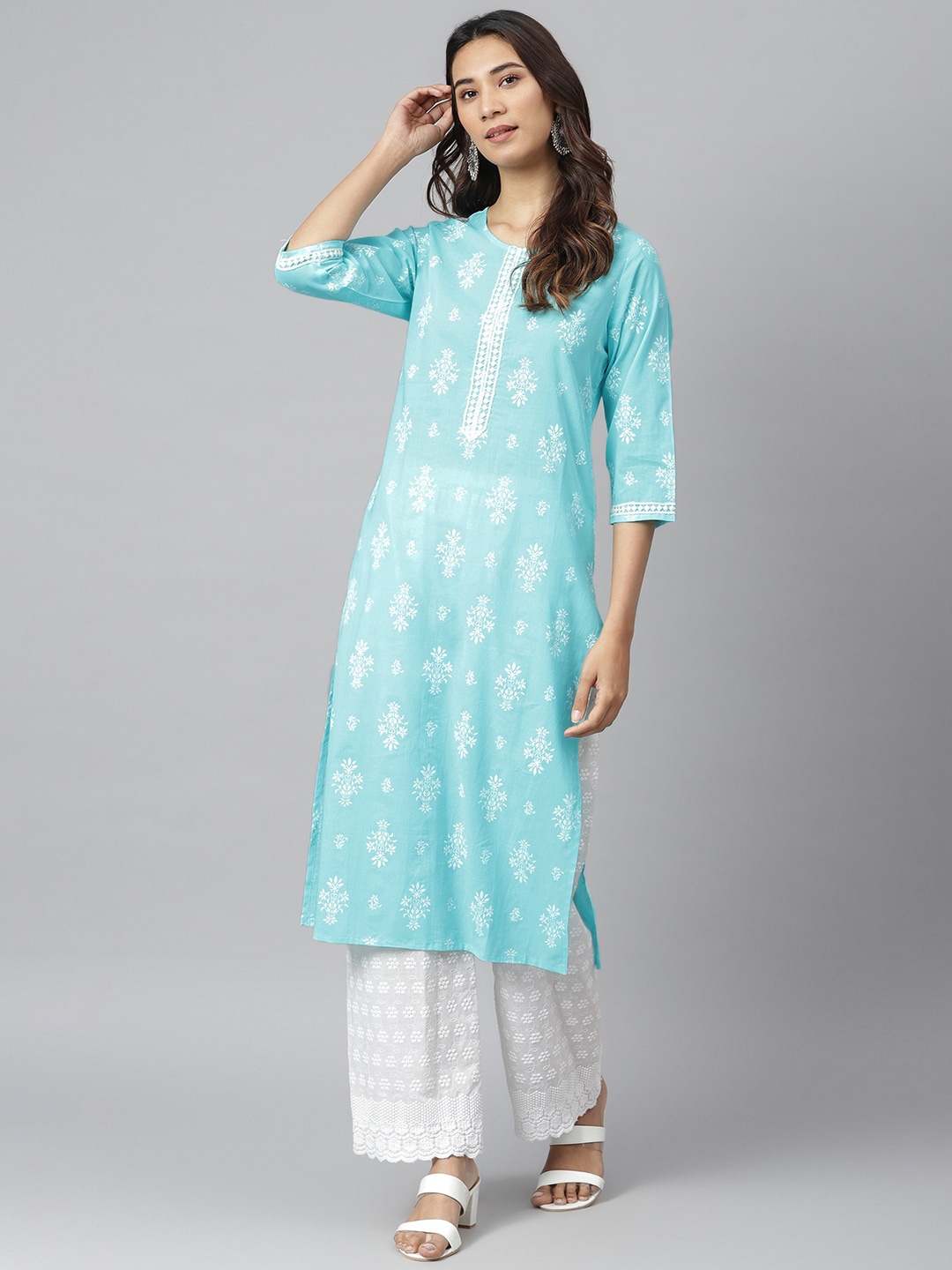 

JAIPUR ATTIRE Women Blue Ethnic Motifs Embroidered Keyhole Neck Kurta